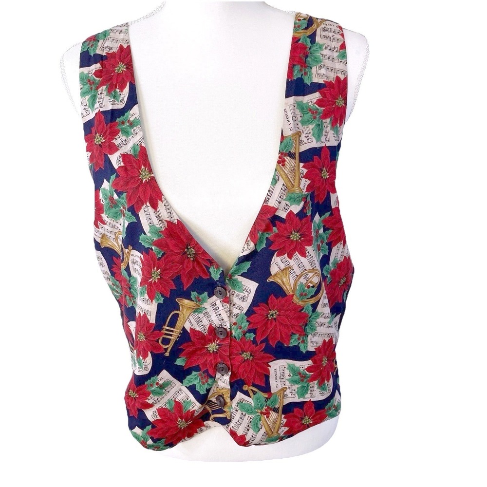 VTG Christmas Vest Women's Sz L XL 80's Kitschy Poinsettia Grandmacore